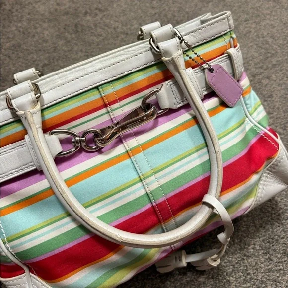 Coach Hampton Multicolor Canvas White Leather Trim Stripes Satchel Tote Bag - Picture 5 of 8